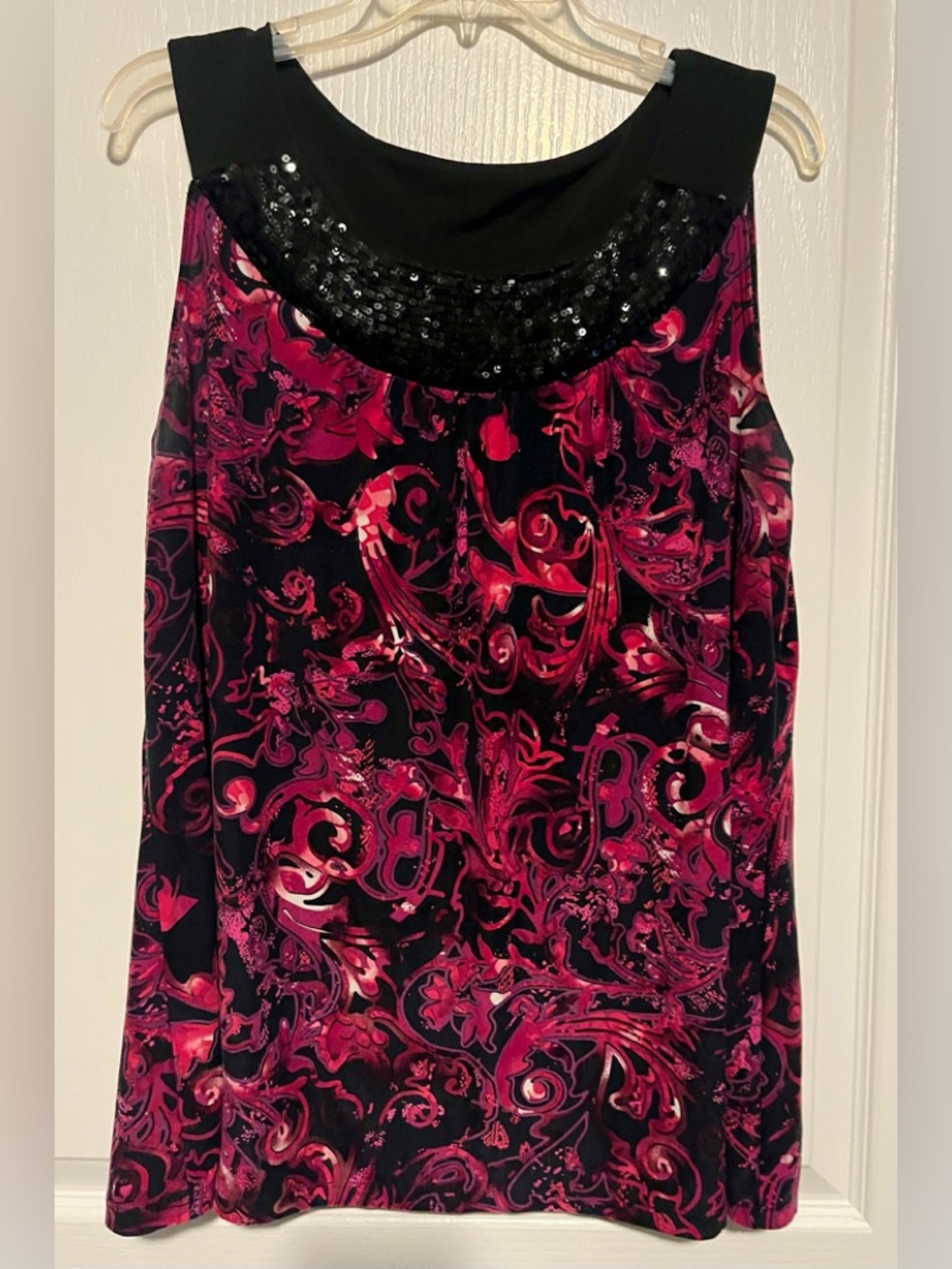 Avenue Black and Fuchsia Sequin-Trim Sleeveless Blouse